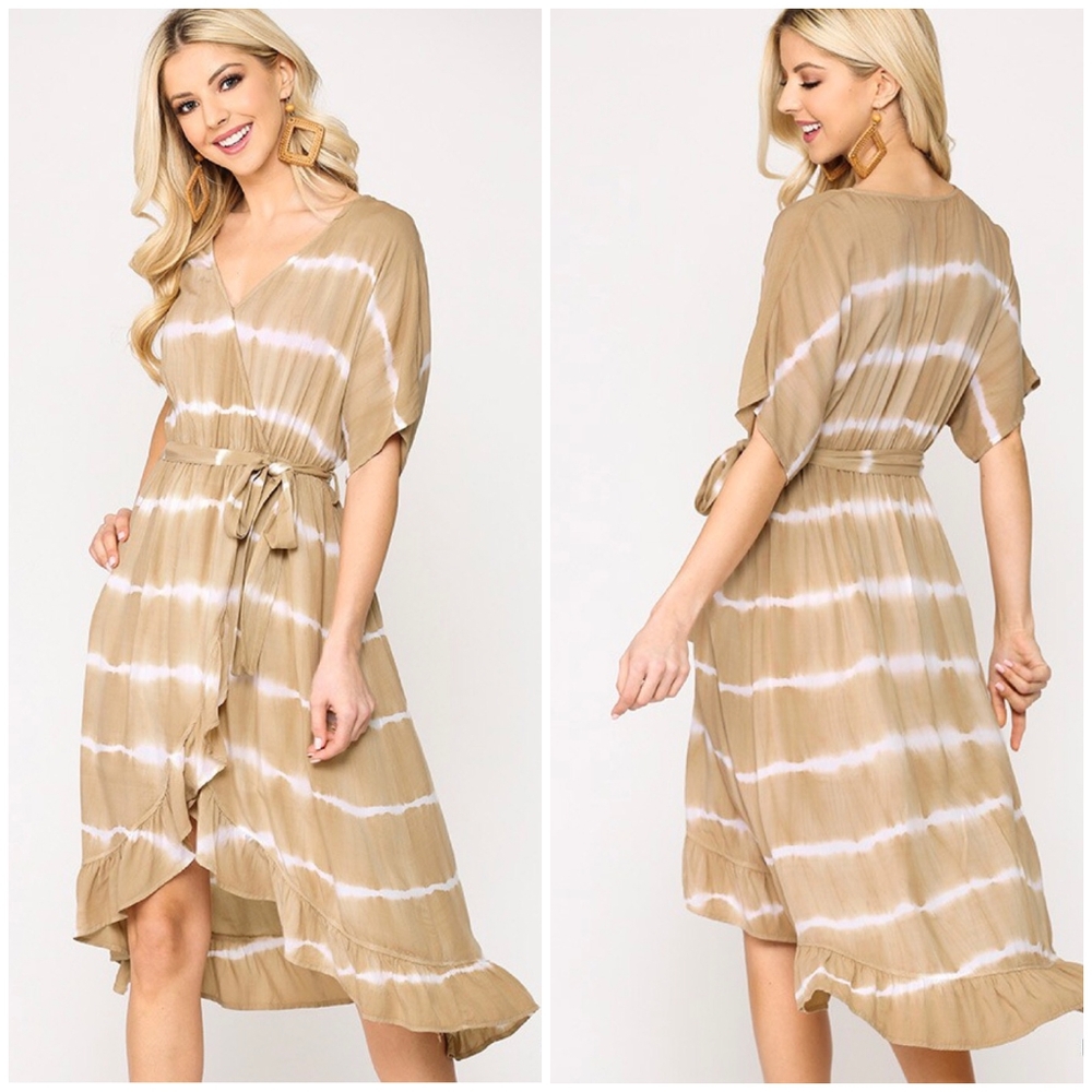 GIGIO Boho Chic Latte Tie-Dye Surplice Midi Dress
